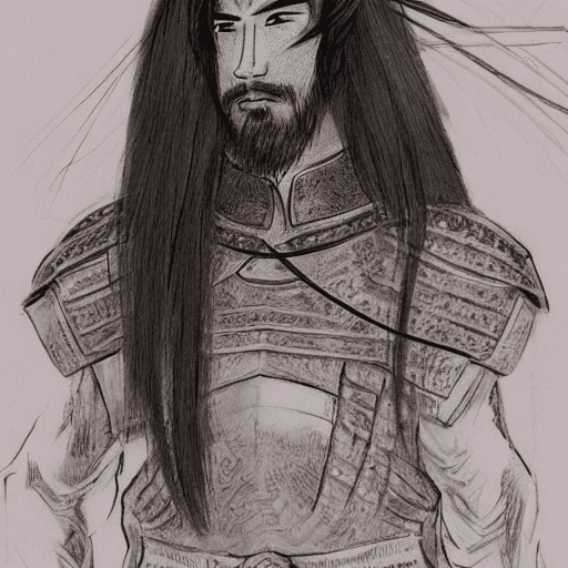 AI generated: create a Japanese man with long hair tied like a knight in warrior armor