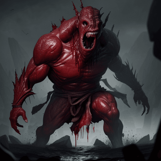 AI generated:  high quality foto of a bloody dangerous enormous without eyes, long fingers and broken bones, 8k