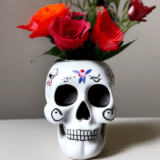 AI generated: white ceramic vase, day of the dead skull