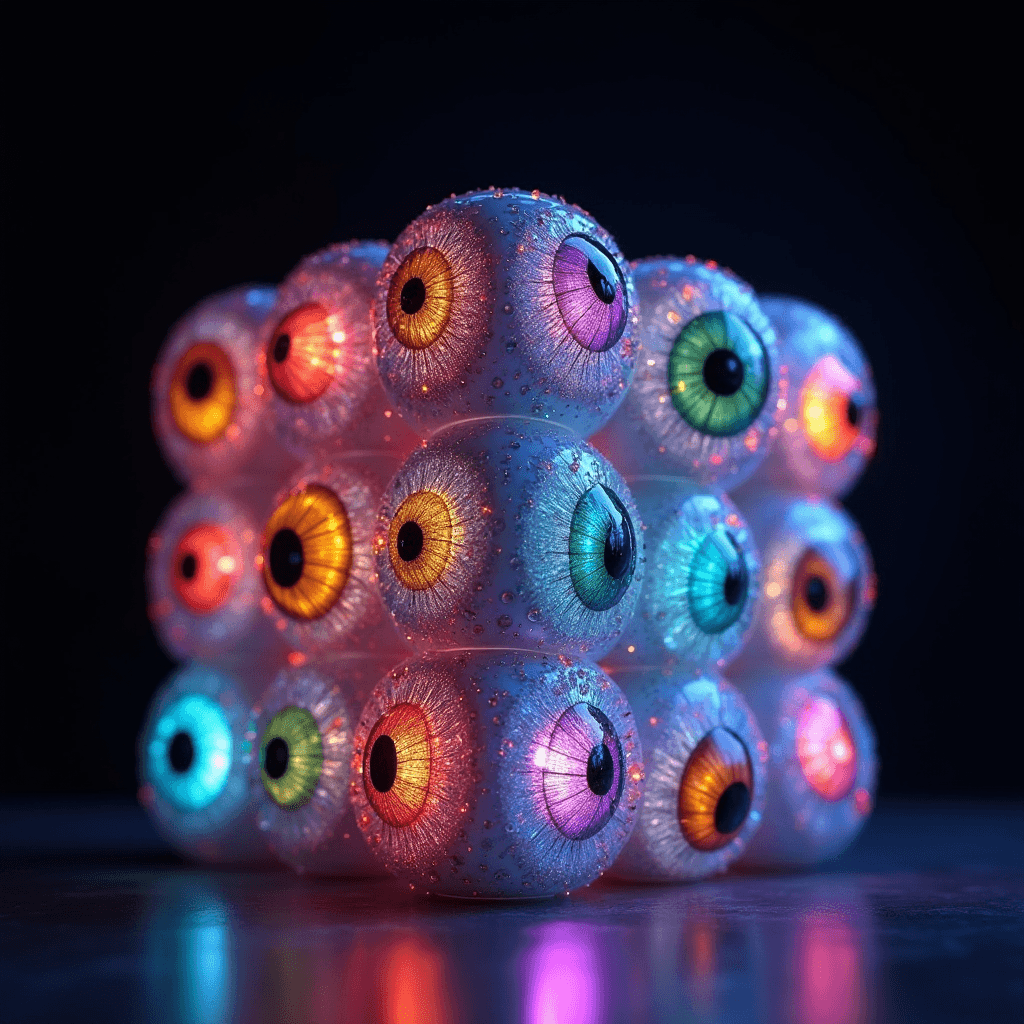 AI generated: A surreal Rubikâs Cube sculpture crafted entirely from glossy eyeballs, each eyeball glowing softl...