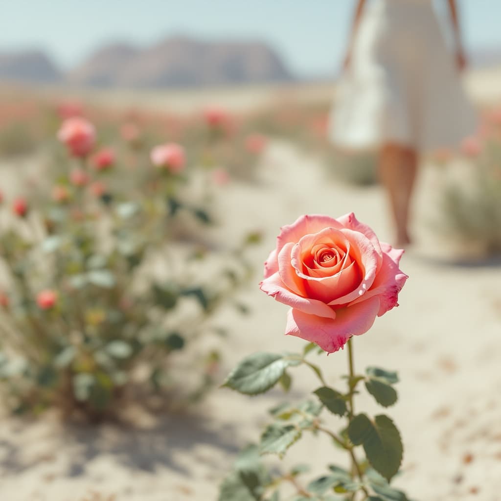 AI generated: rose in the dessert and person whit dress
 in the background walking fall but focus in the flower
 
