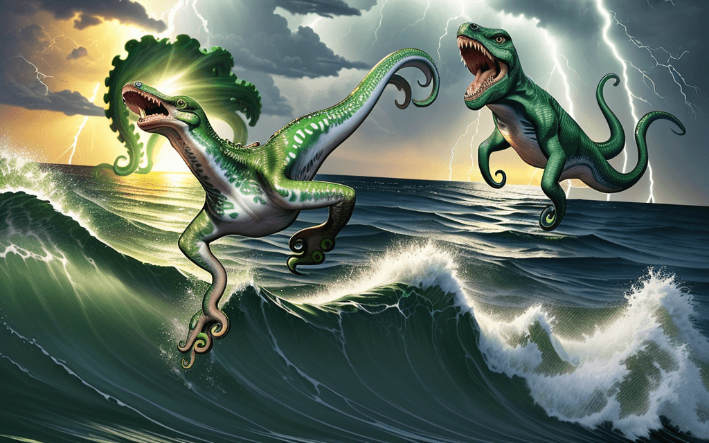 AI generated: a photo of a bright green octopus jumping out of the ocean to attack a low-flying velociraptor, sun ...