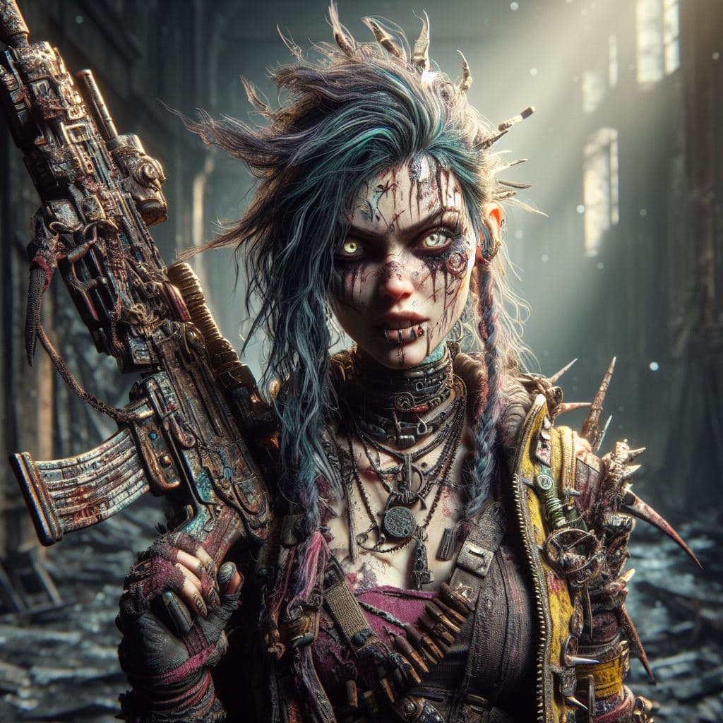 AI generated: Jinx Hyper-realistic photograph of Jinx in Zaun's undercity, showcasing her chaotic essence. Advance...