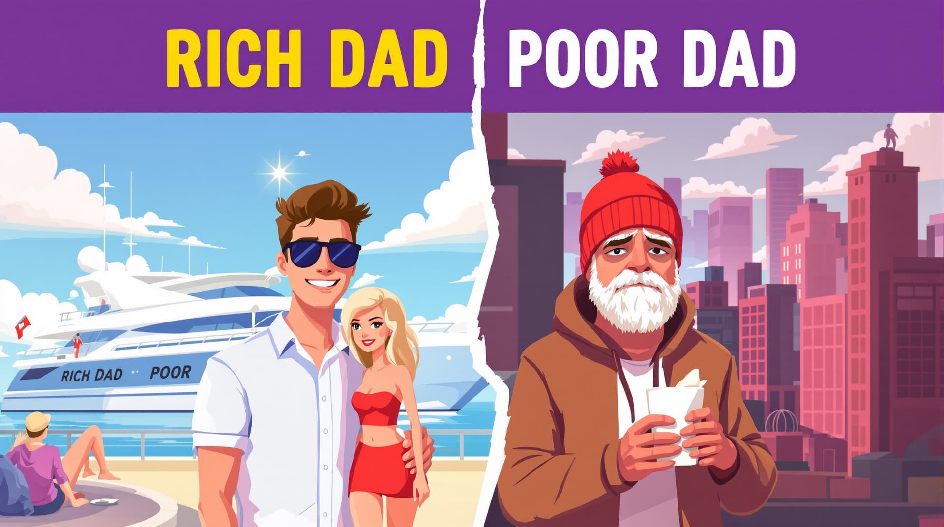 AI generated: A flat-style digital illustration in 16:9 YouTube thumbnail format, inspired by the book "Rich Dad P...