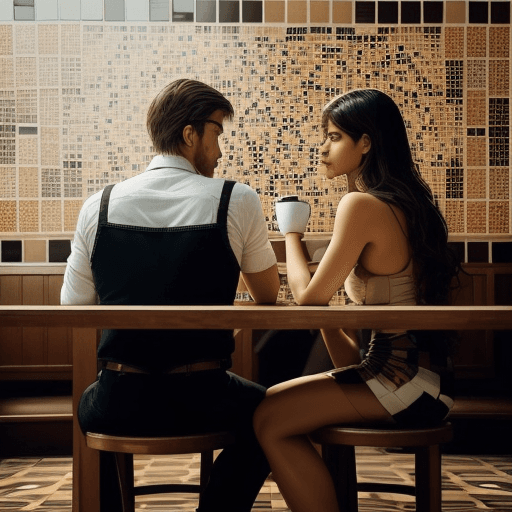 AI generated: A man and a woman are drinking coffee in a coffee shop and background full of mosaic tiles, detailed...