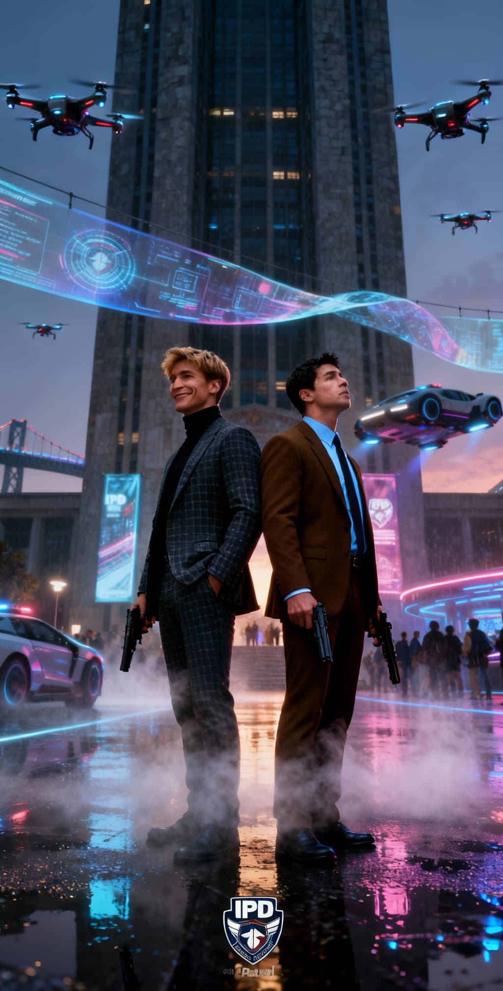 AI generated: Detectives Gardner, character one, and Briskal, character two. Two futuristic detectives stand back ...