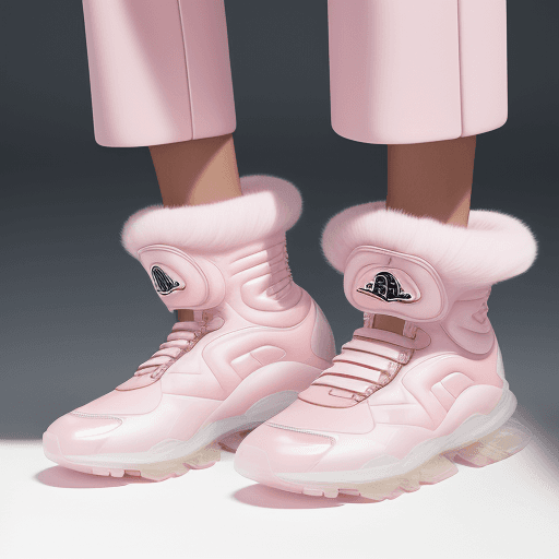 AI generated: Fashion shoot, Jacquemus and moncler collaboration: light pink translucent fur sneakers, hyper-reali...