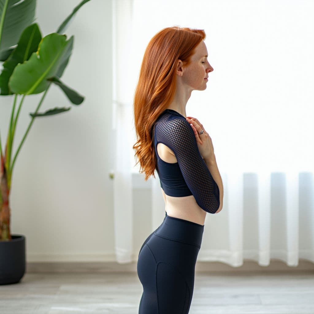 AI generated: redhead woman looking a viewer, practice yoga, arched back pose. online course at home to meditation...