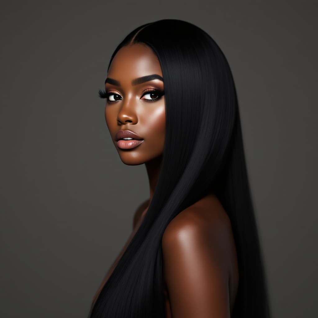 AI generated: BLACK FEMALE WITH HAIR EXTENSIONS AD FOR HAIR COMPANY