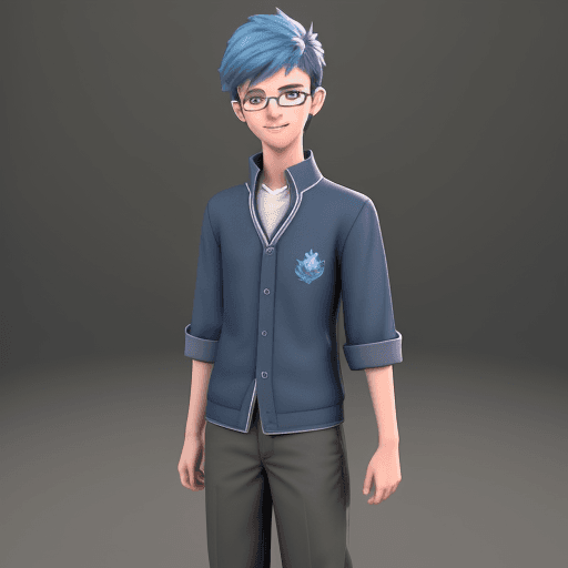 AI generated: an avatar of a full length 15 year old student boy, 3d animation, 4k, 8k, happy, studious, with glas...