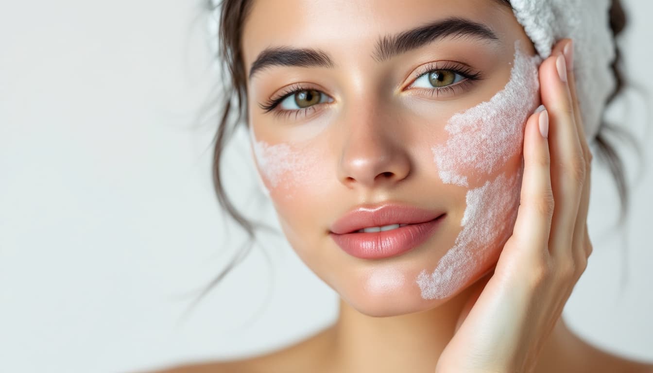 AI generated: Close-up of a young woman with healthy, radiant skin lightly adorned with facial foam, her features ...