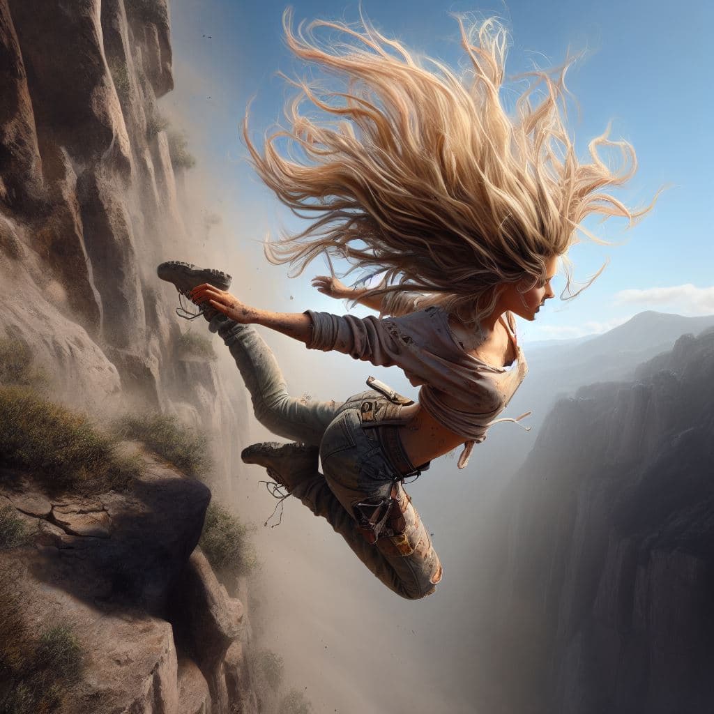 AI generated: very high angle shot, hyperrealistic oil painting of a cute blond woman jumping from a cliff, wearin...