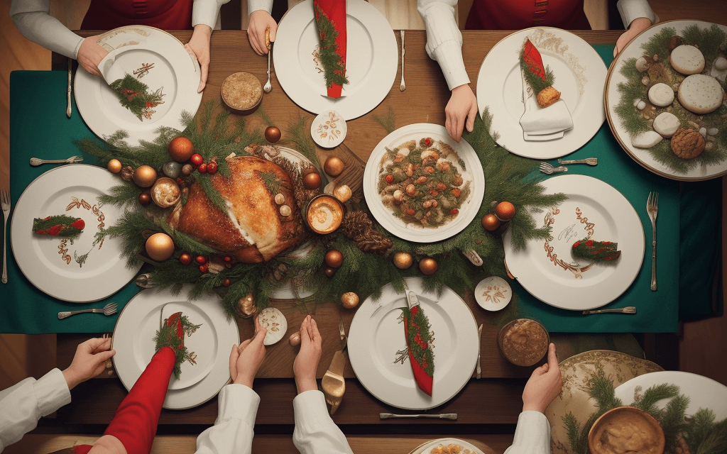 AI generated: A set dinner table of seven different plates from Feast of the Seven Fishes during Christmas. Overhe...