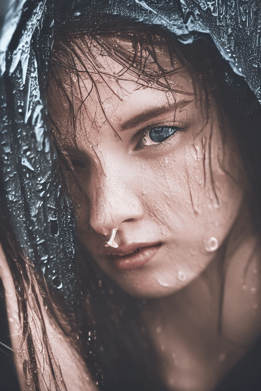 AI generated: Portrait of a pretty young woman with long hair, film grain, high quality, urban setting, intense da...