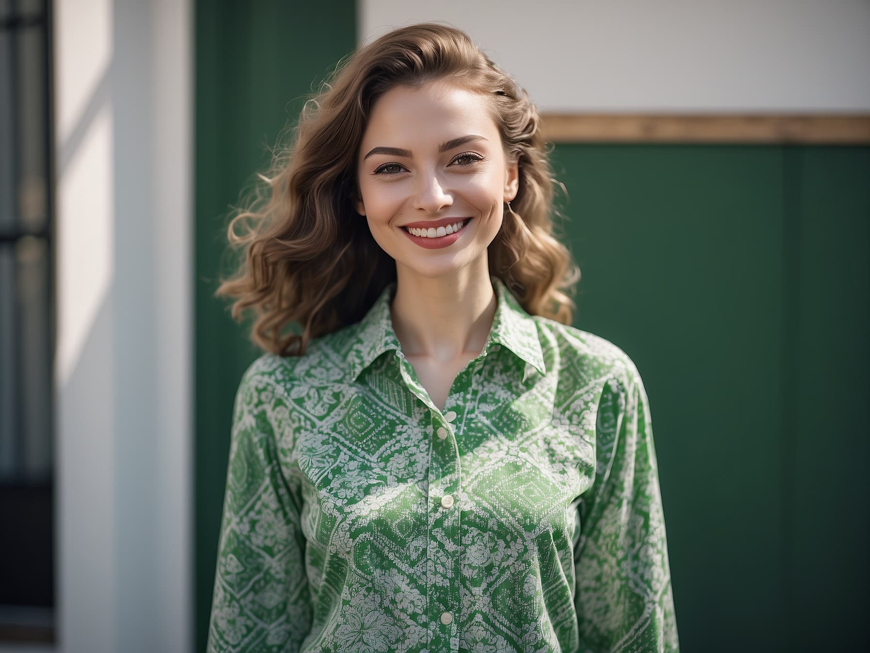 AI generated: a smiling woman in a green shirt standing in front of a green door, a stock photo by Radi Nedelchev,...