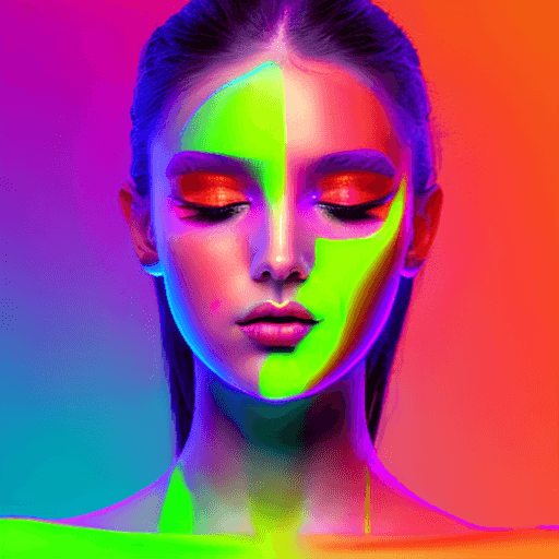 AI generated: this girl is wearing neon colored makeup, in the style of cinematic lighting, light crimson and azur...