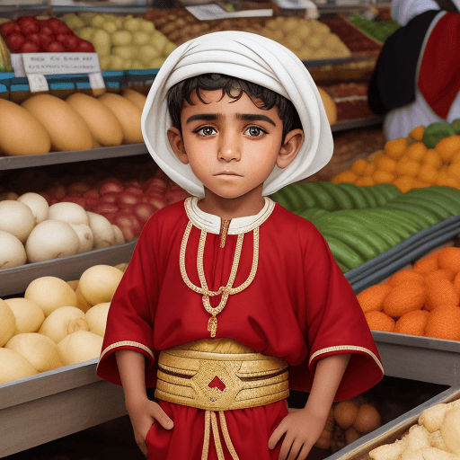 AI generated: High resolution photography, Omani boy, wearing Omani outfit,  in the market