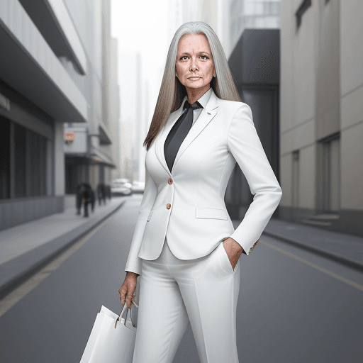 AI generated: Depict a woman, aged 55-60, in a white business suit, with long, shoulder-length hair neatly styled
...