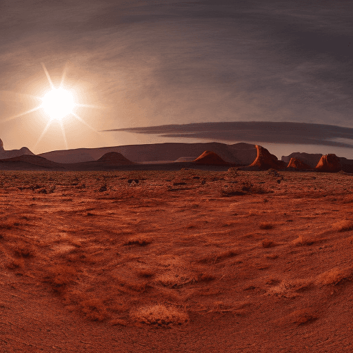 AI generated: a sun-scorched desert landscape,
retro-futuristic,
towering red rock formations, 
endless stretches ...