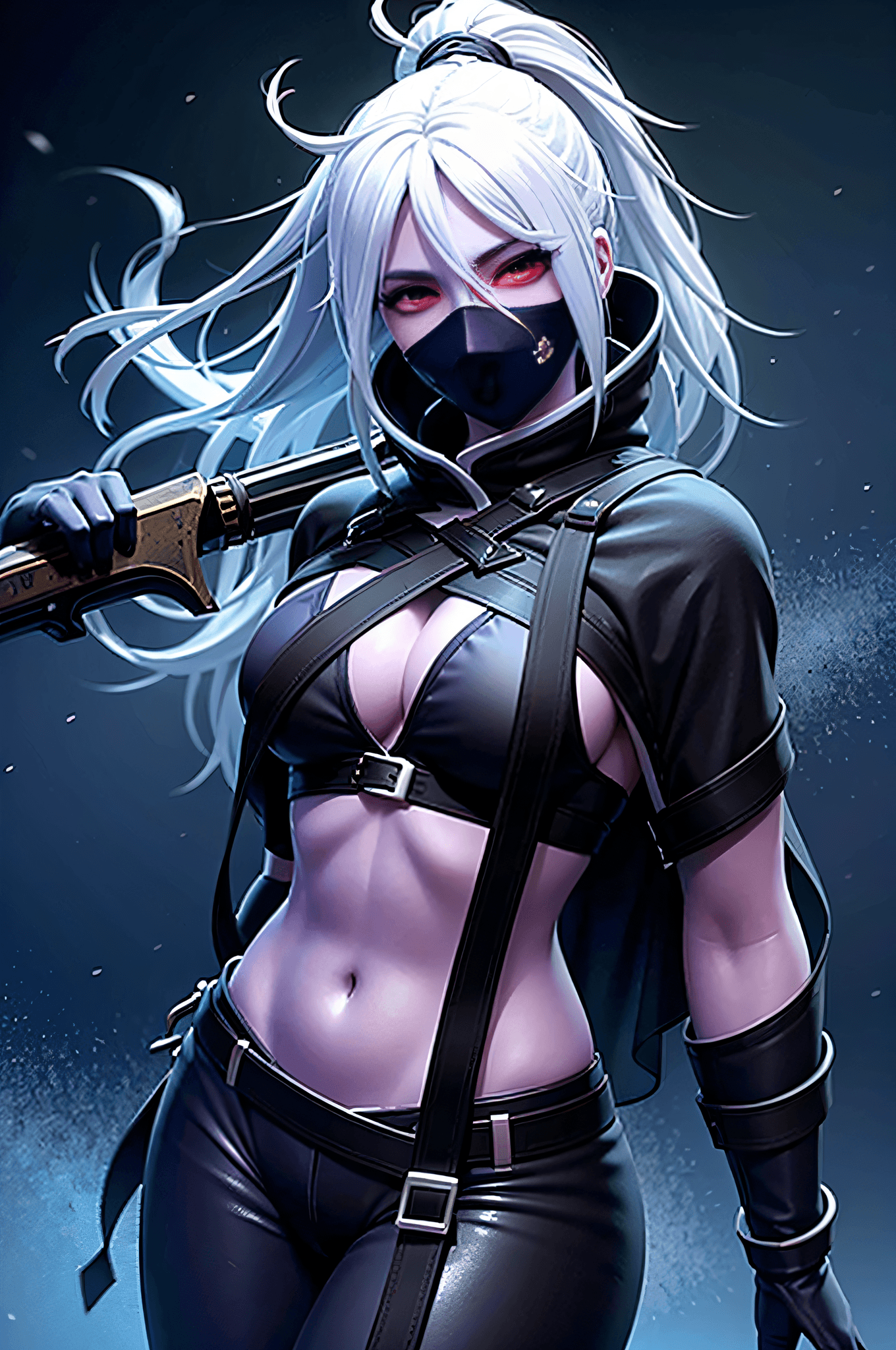 AI generated: arafed woman in a black outfit holding a sword and a green mask, 3 d render character art 8 k, badas...
