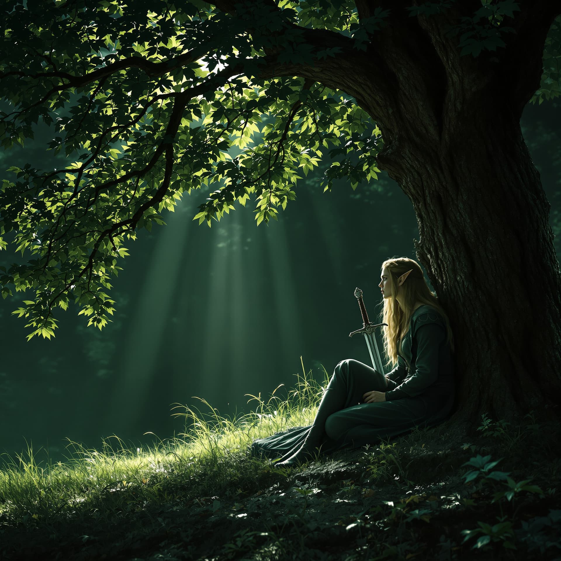 AI generated: female lord of the rings warrior elf sitting under a tree in Lothlórien, watching and expecting an i...