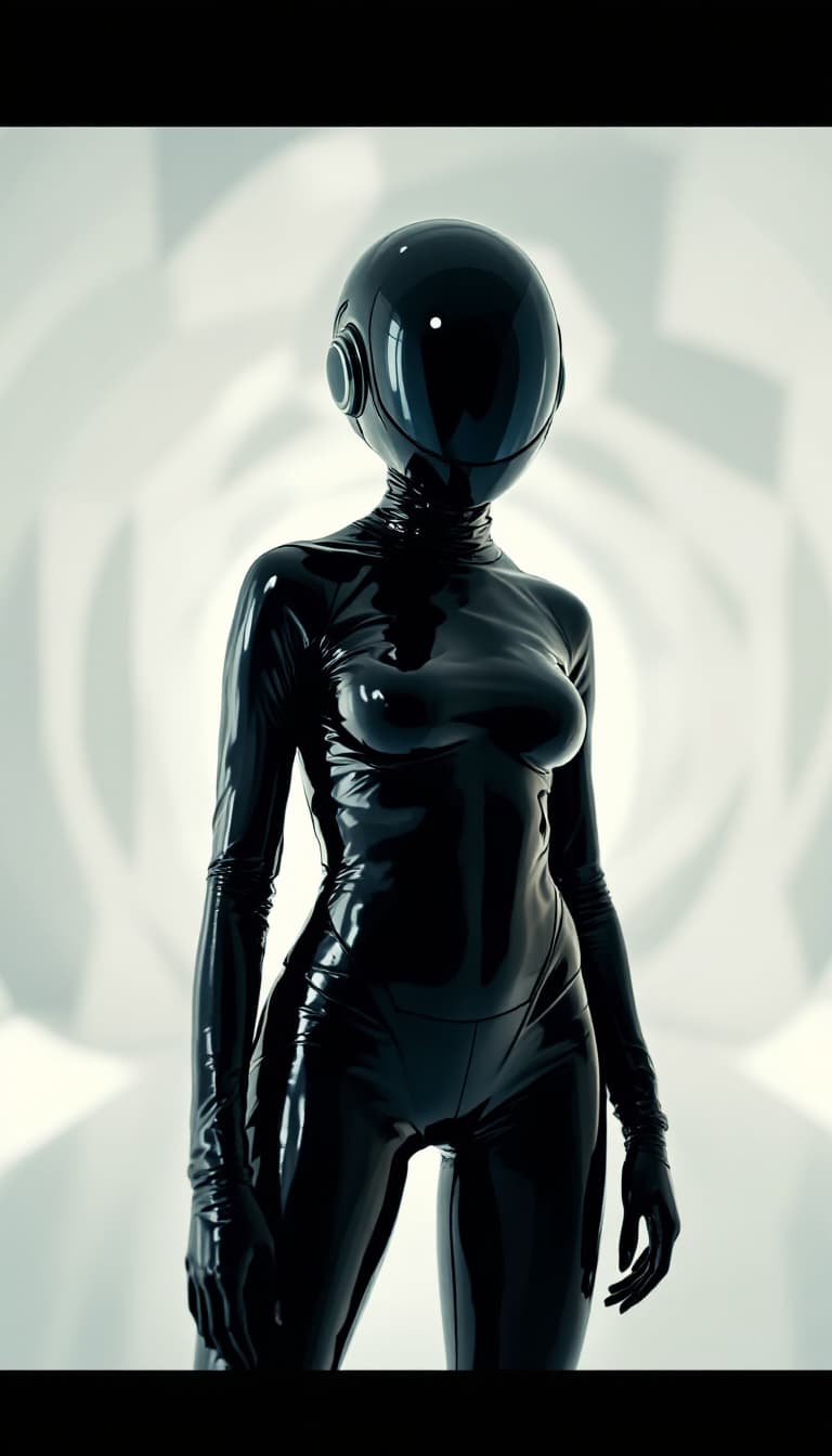 AI generated: Close-up shot of a woman wearing a black latex outfit and full-face helmet, standing in a white mini...