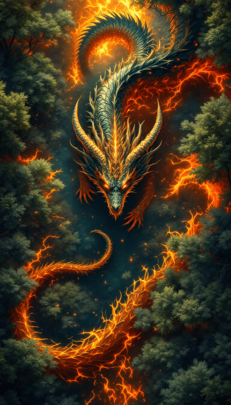 AI generated: Top down aerial shot looking down at a dragon in a forest on fire --v 6.0 --style raw