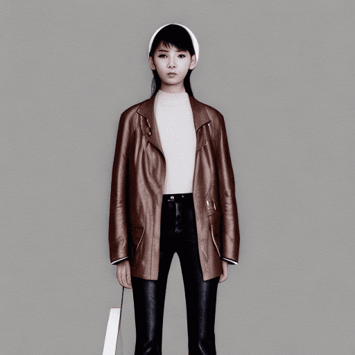 AI generated: A digital illustration of a mid-20s Asian woman wearing grey leather pants, a cropped blue jacket, a...