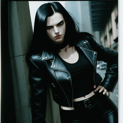 AI generated: leather jacket, leather pants, black metal, heavy metal, eyes squinting, leaning forward, woman, cin...