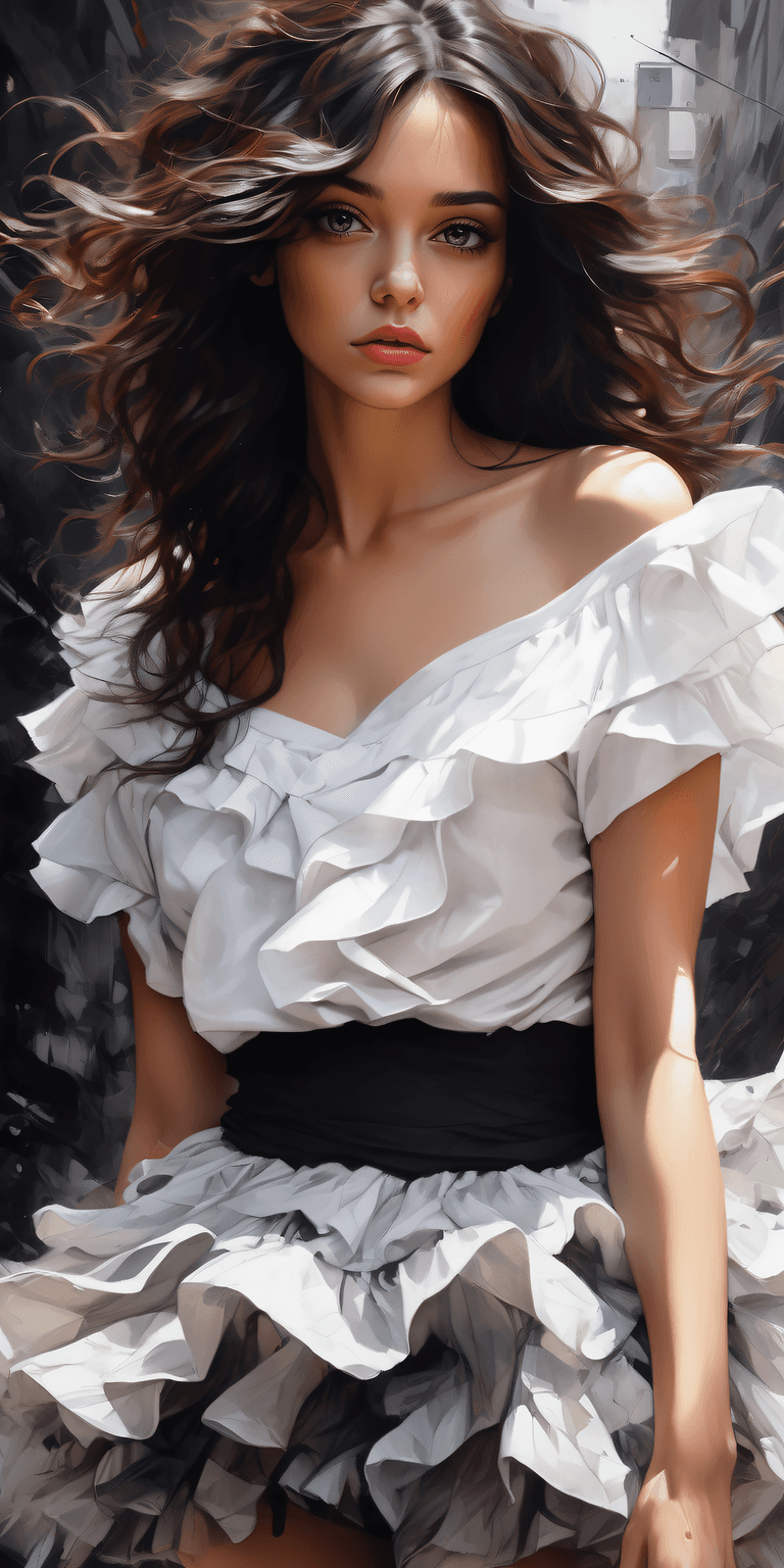 AI generated: portrait of a beautiful woman with dark wavy hair, summer blouse, dark tutu, hyper-realism,  photore...