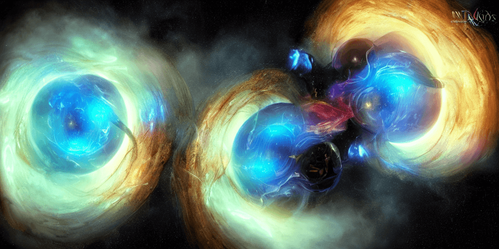 AI generated: raytraced render and digital simulation of two black holes stripping each other, by  kinkade, cosmic...