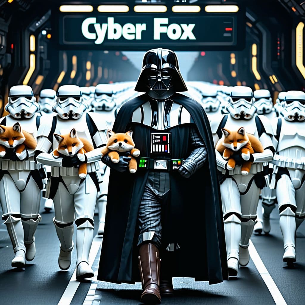 AI generated: Earth Vader leading An army of storm troopers holding stuffed foxes marching, muted colors, photorea...