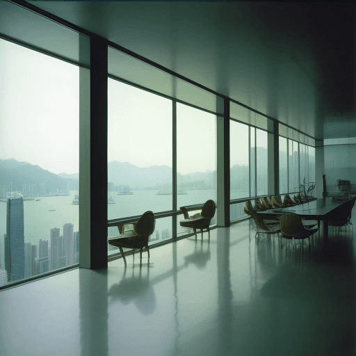 AI generated: photo of Hong Kong,the ocean, daylight, indirect lighting, AD magazine, Frank Lloyd, Eames, Mies van...