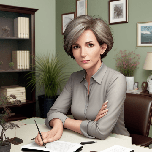 AI generated: hyper realistic photo, elegant 45-year-old woman sitting at her desk in her personal office, very sh...