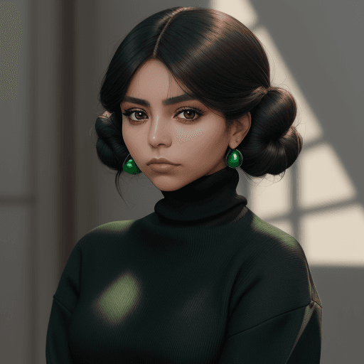 AI generated: a mexican woman is wearing a black turtle neck sweater, in the style of light emerald and dark beige...