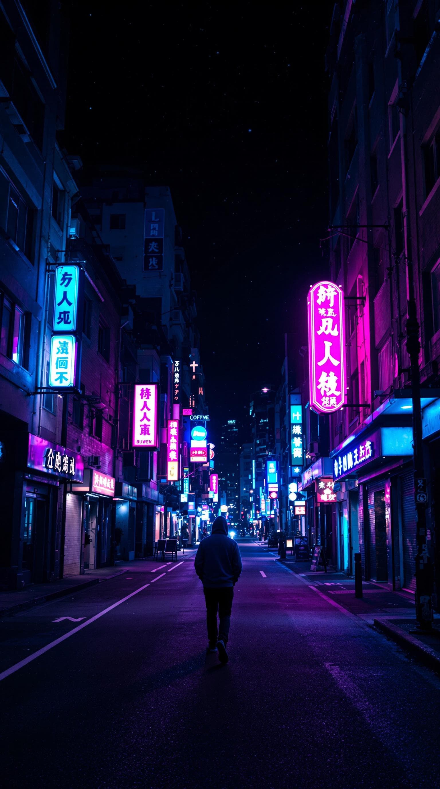 AI generated: An empty city street at night, bathed in soft neon lights in blues and pinks. A lone figure in a hoo...