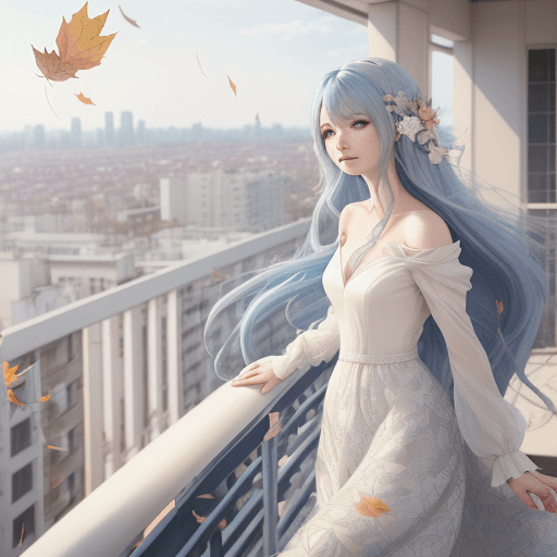 AI generated: A woman with long, flowing blue hair stands on a balcony overlooking a cityscape, with autumn leaves...