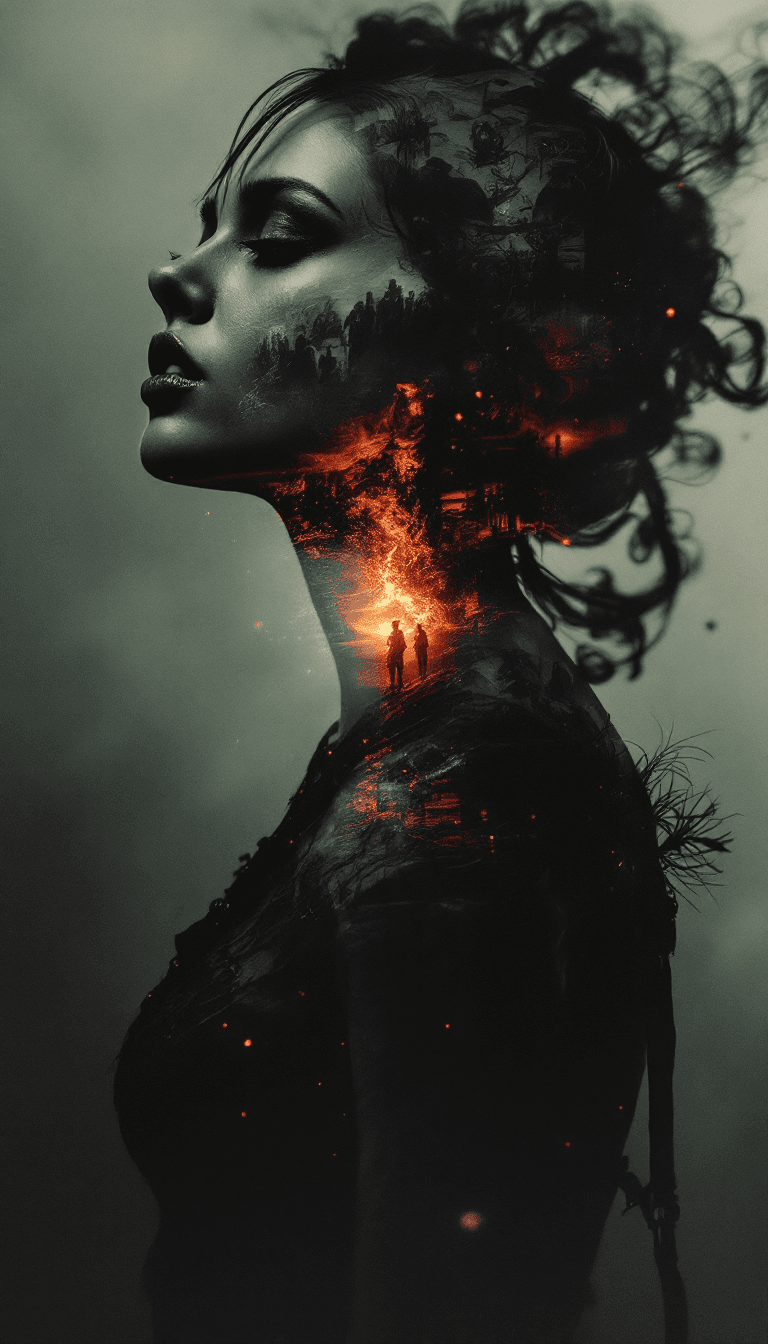 AI generated: Triple exposure,a woman  in shape of a bomb,war scenes,dramatic environment,nikon 35 mm dslr,dark no...