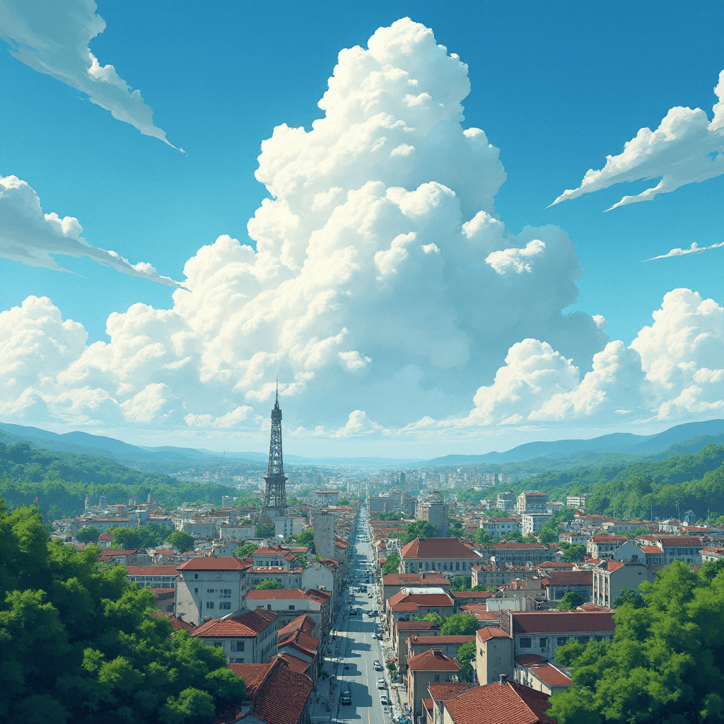 AI generated: illustrator like ghibli studio art, perspective of city from HORIZEN and blue sky with some big whit...