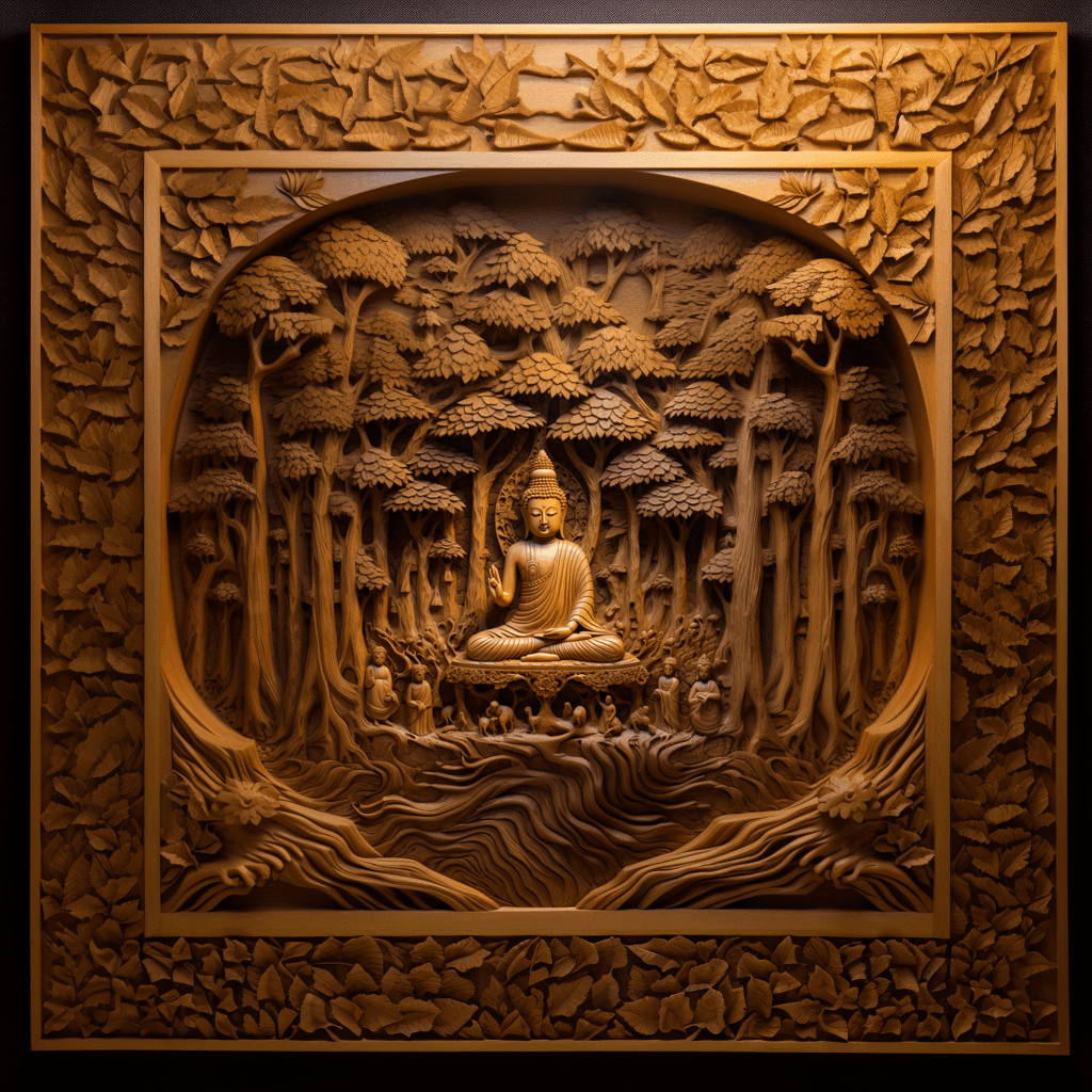 AI generated: buddha in the temple, Wood carving relief sculpture, wildlife carving, Wood grain texture, vivid and...