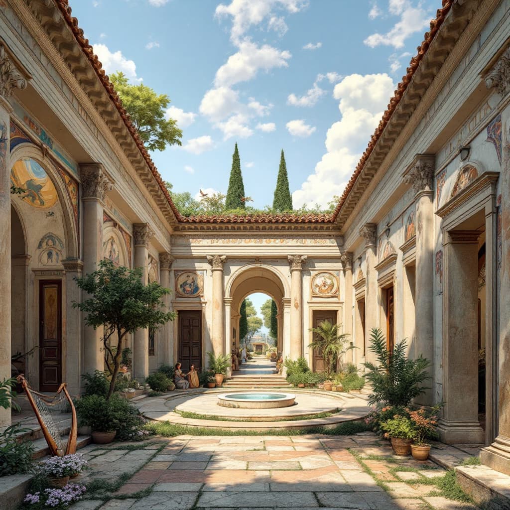 AI generated: A perspective of the patio of a roman villa. I can see the sky and some trees outside. I can see som...