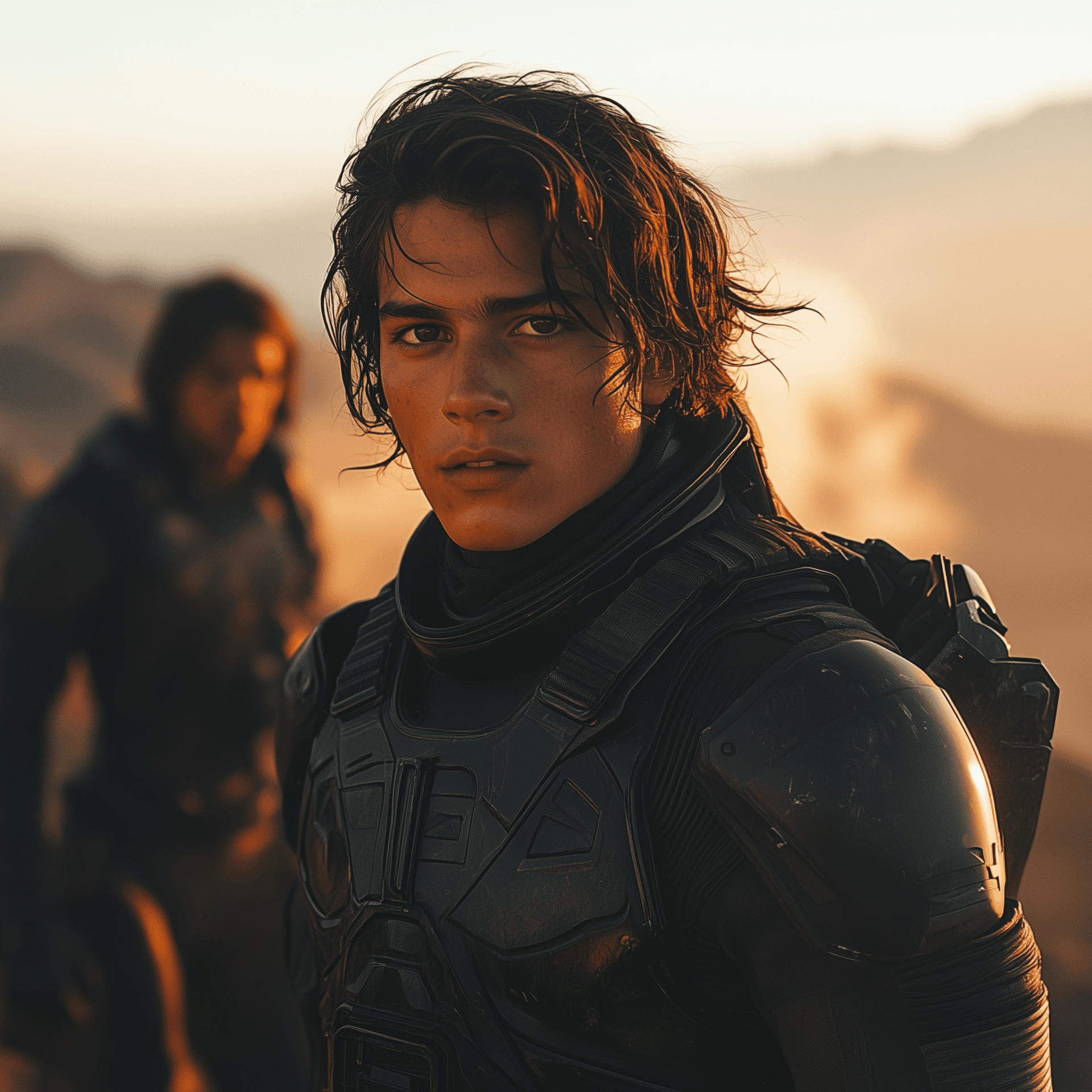 AI generated: A cinematic movie still of an attractive young man with dark hair, wearing black futuristic space ge...