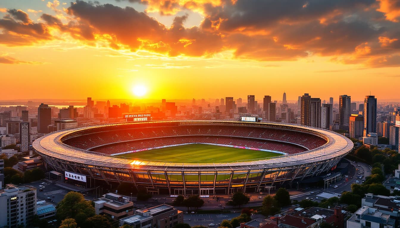 AI generated: Japanese style soccer stadium in Tokyo, sunset