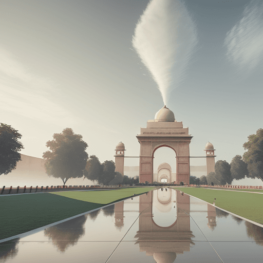 AI generated: saffron, white and green clouds in sequence from left to right, above The India Gate, daylight, unre...