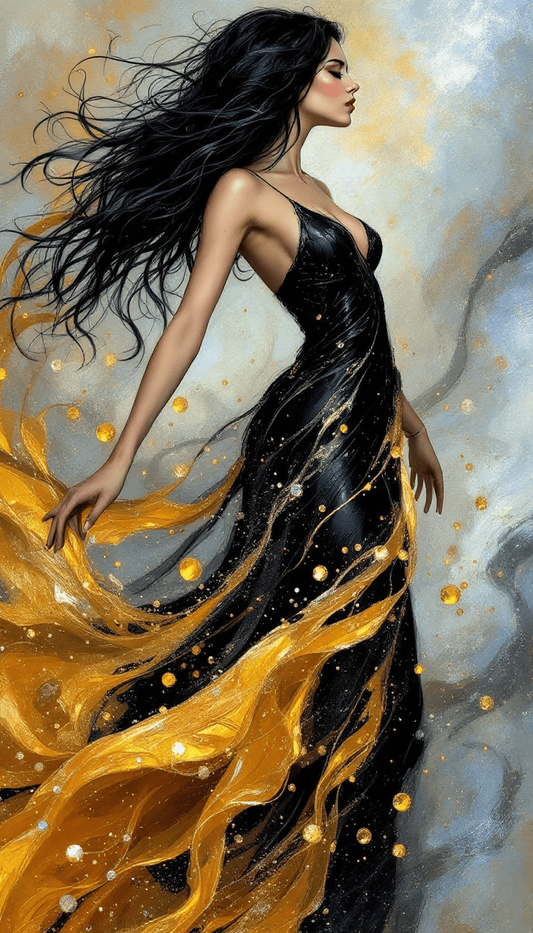 AI generated: Full body, an art piece of an alluring fantasy woman with black hair dancing gracefully, black and l...