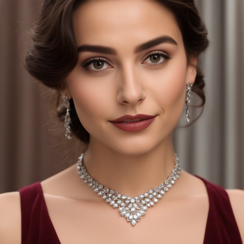 AI generated: The photo features a young woman in her twenties with fair, clear skin and a heart-shaped face. Her ...