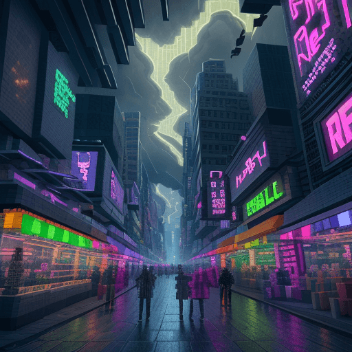 AI generated: neo noir cityscape minecraft style, colorful buildings,  street view with people , vendors and shops...
