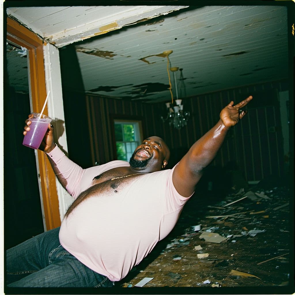 AI generated: grainy 80's photograph quality polaroid of big fat bald elated black man floating in the air with a ...