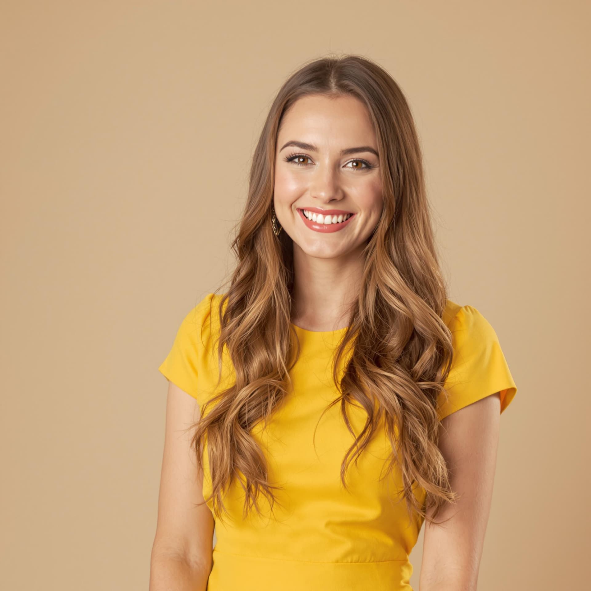 AI generated: A professional photograph of a woman with a beautiful smile and long hair, in a yellow dress, standi...