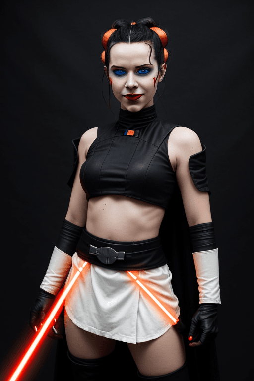 AI generated: rey skywalker as sith lady in black rebellion uniform, orange ,white and blue white lips, yellow eye...